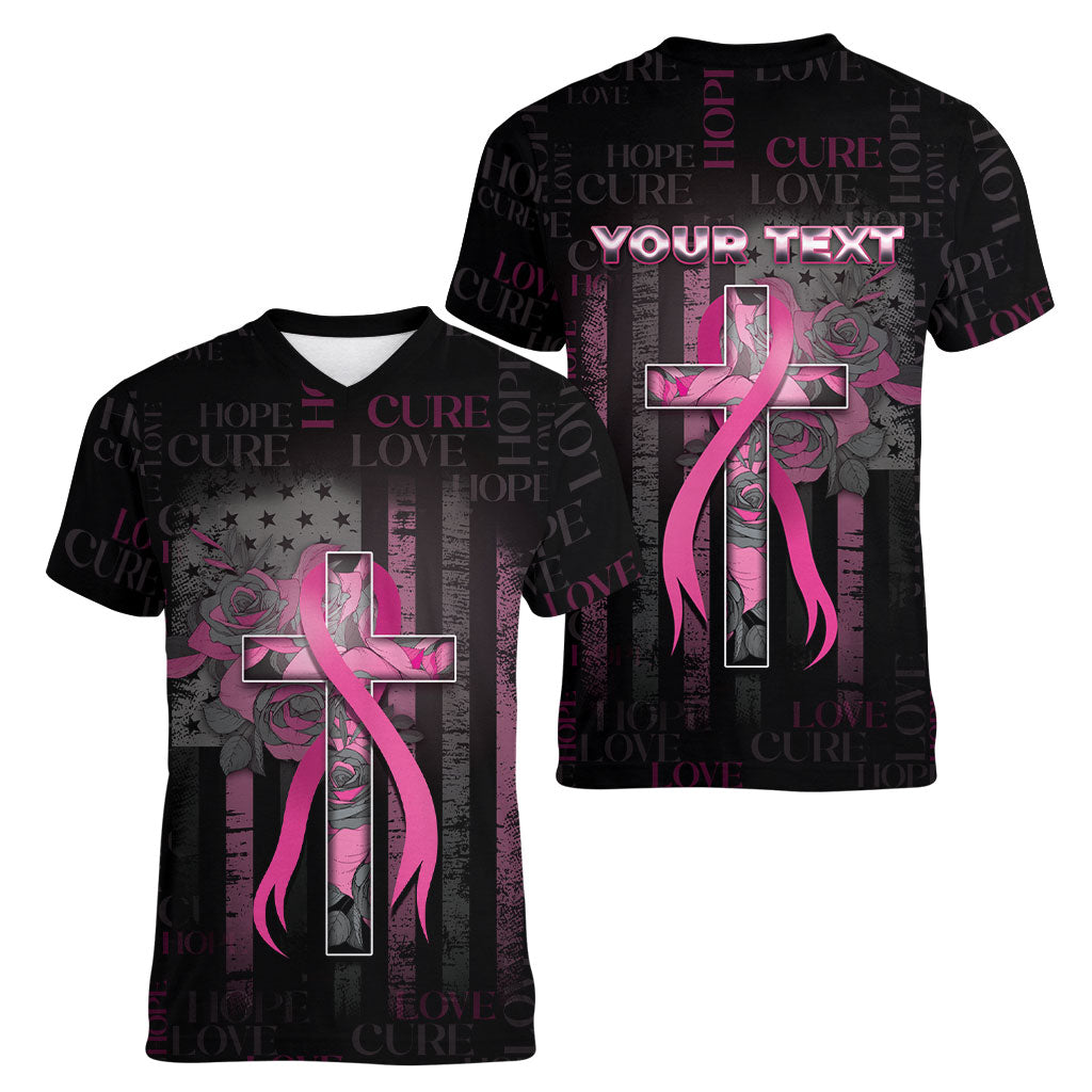 Personalized American Breast Cancer Support Women V-Neck T-Shirt Hope And Cure Cross