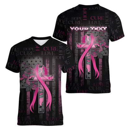 Personalized American Breast Cancer Support Women V-Neck T-Shirt Hope And Cure Cross