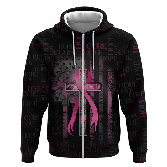 Personalized American Breast Cancer Support Zip Hoodie Hope And Cure Cross