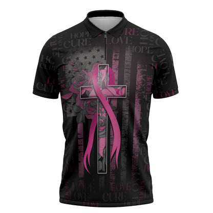 Personalized American Breast Cancer Support Zipper Polo Shirt Hope And Cure Cross