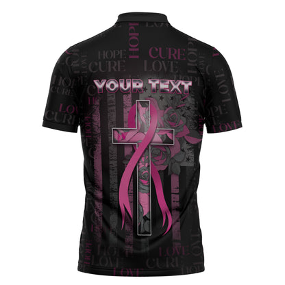 Personalized American Breast Cancer Support Zipper Polo Shirt Hope And Cure Cross