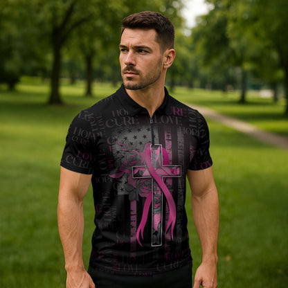 Personalized American Breast Cancer Support Zipper Polo Shirt Hope And Cure Cross