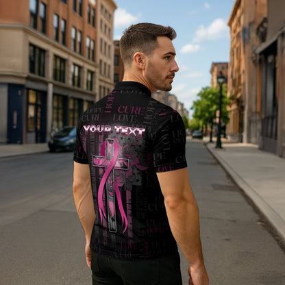 Personalized American Breast Cancer Support Zipper Polo Shirt Hope And Cure Cross