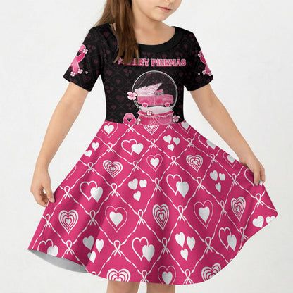 Breast Cancer Christmas Support Kid Short Sleeve Dress Merry Pinkmas