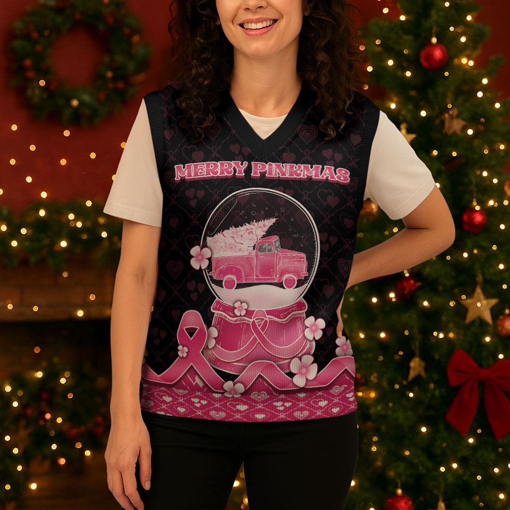 Breast Cancer Christmas Support Christmas Knitted V-Neck Vest Merry Pinkmas