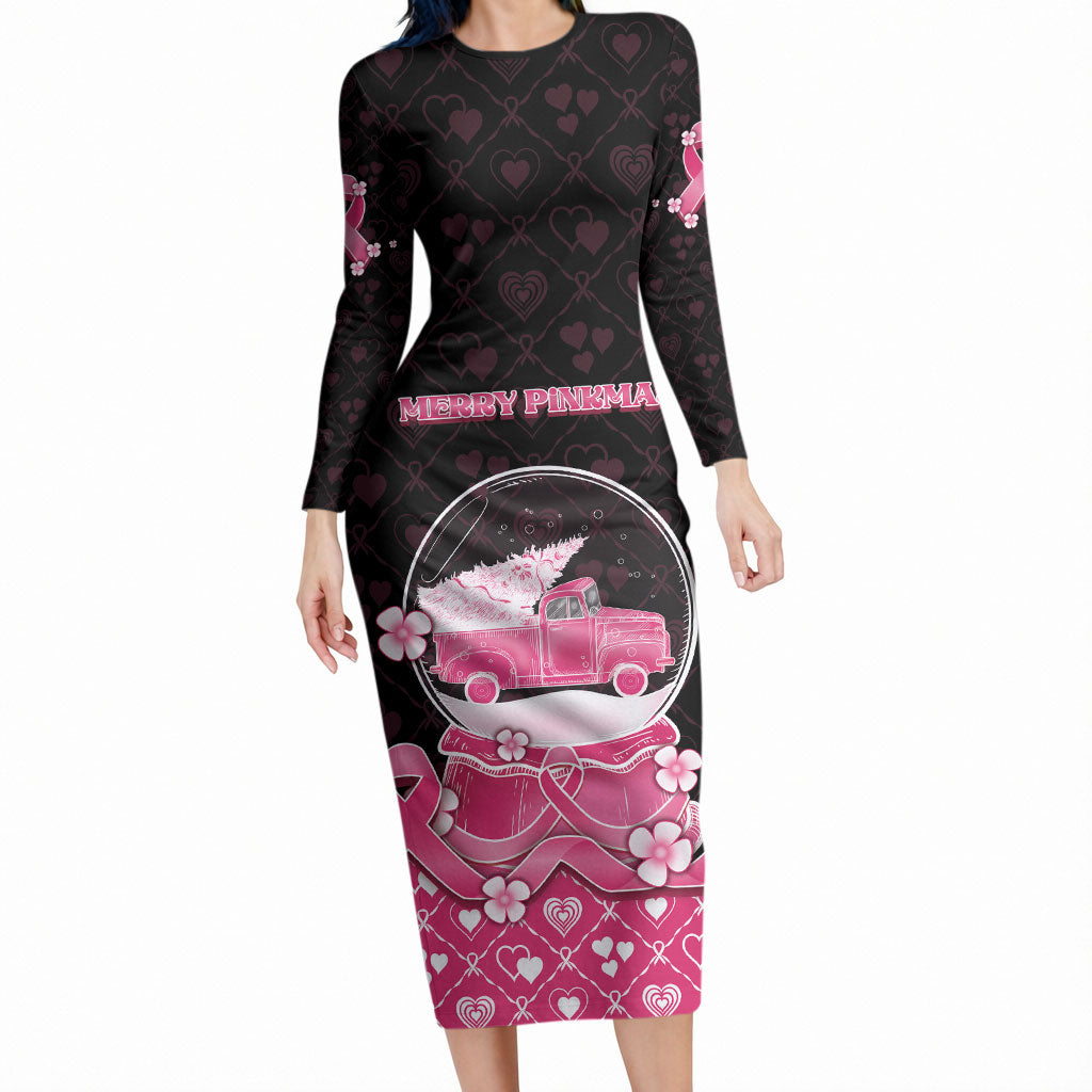 Breast Cancer Christmas Support Long Sleeve Bodycon Dress Merry Pinkmas