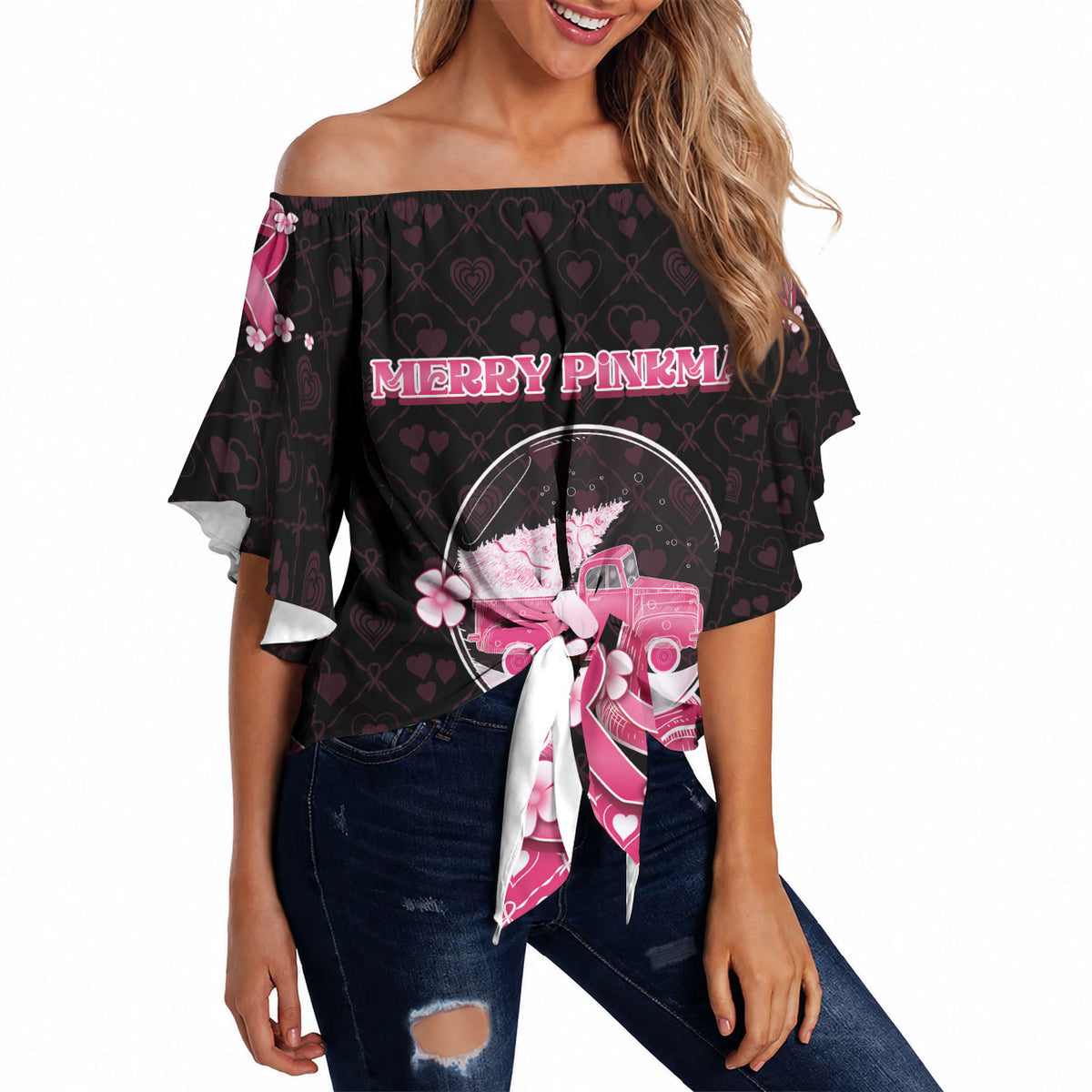 Breast Cancer Christmas Support Off Shoulder Wrap Waist Top Merry Pinkmas