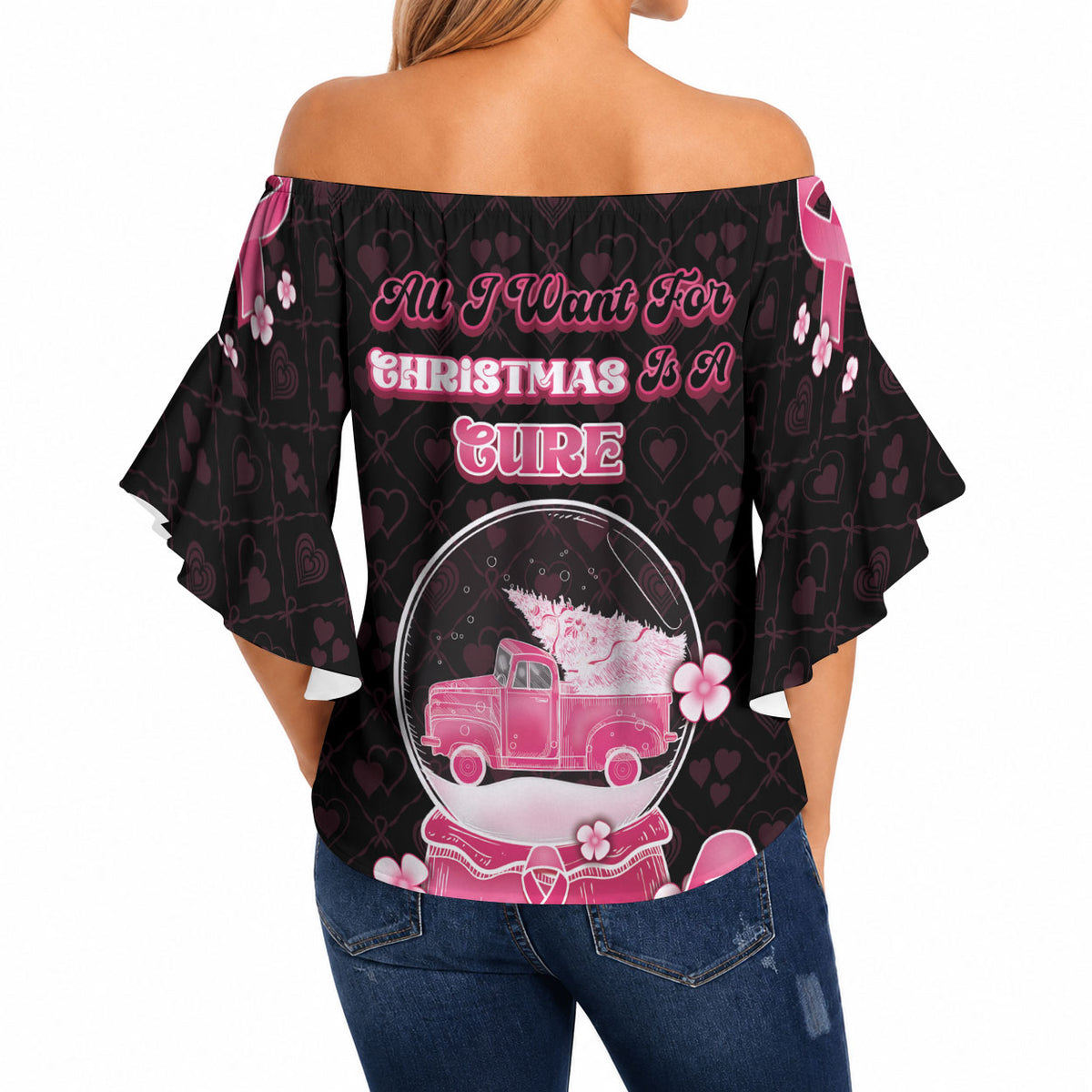 Breast Cancer Christmas Support Off Shoulder Wrap Waist Top Merry Pinkmas