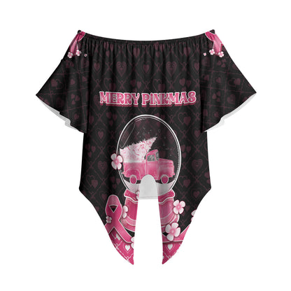 Breast Cancer Christmas Support Off Shoulder Wrap Waist Top Merry Pinkmas
