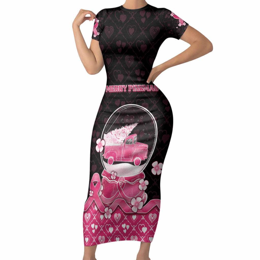 Breast Cancer Christmas Support Short Sleeve Bodycon Dress Merry Pinkmas