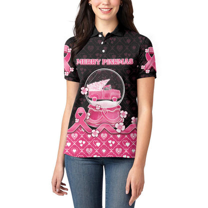 Breast Cancer Christmas Support Women Polo Shirt Merry Pinkmas