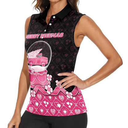 Breast Cancer Christmas Support Women Sleeveless Polo Shirt Merry Pinkmas