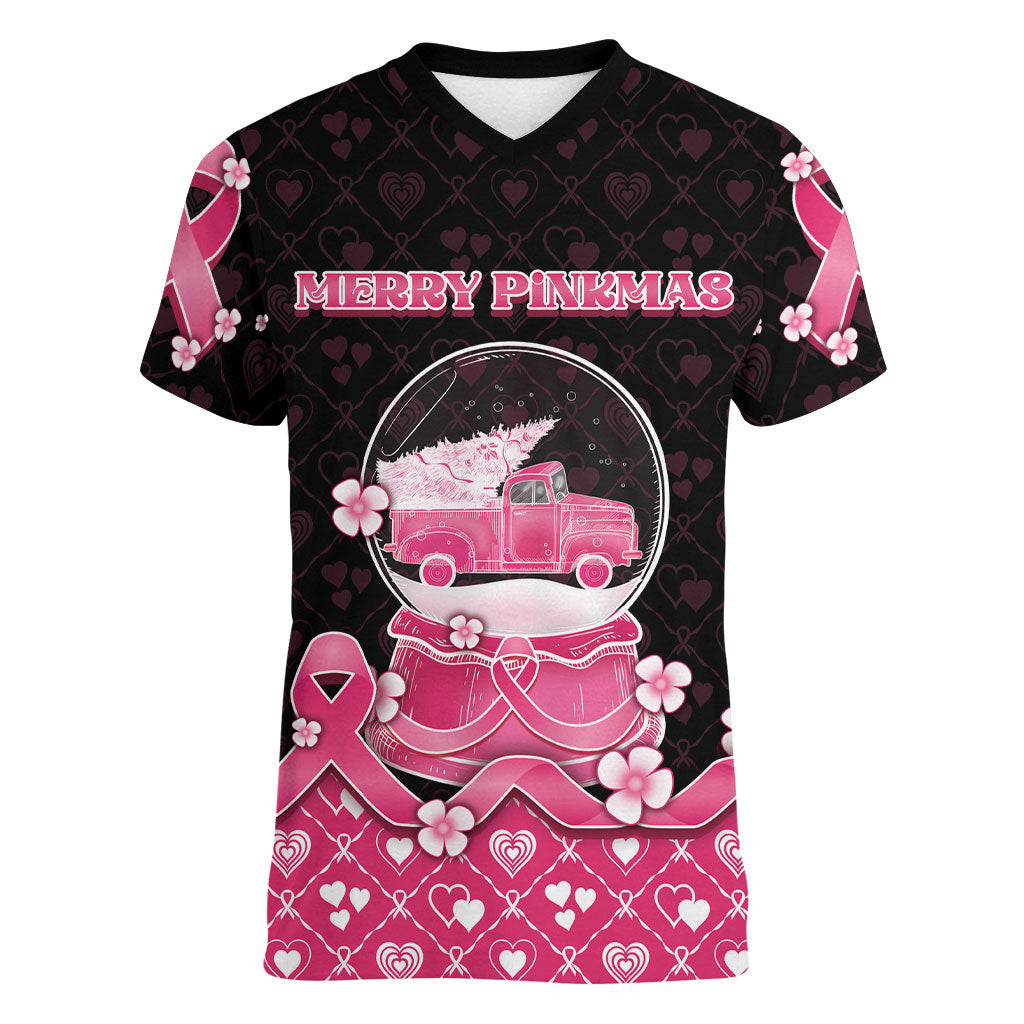 Breast Cancer Christmas Support Women V-Neck T-Shirt Merry Pinkmas