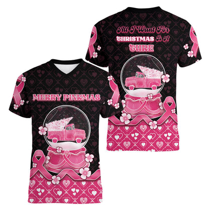 Breast Cancer Christmas Support Women V-Neck T-Shirt Merry Pinkmas