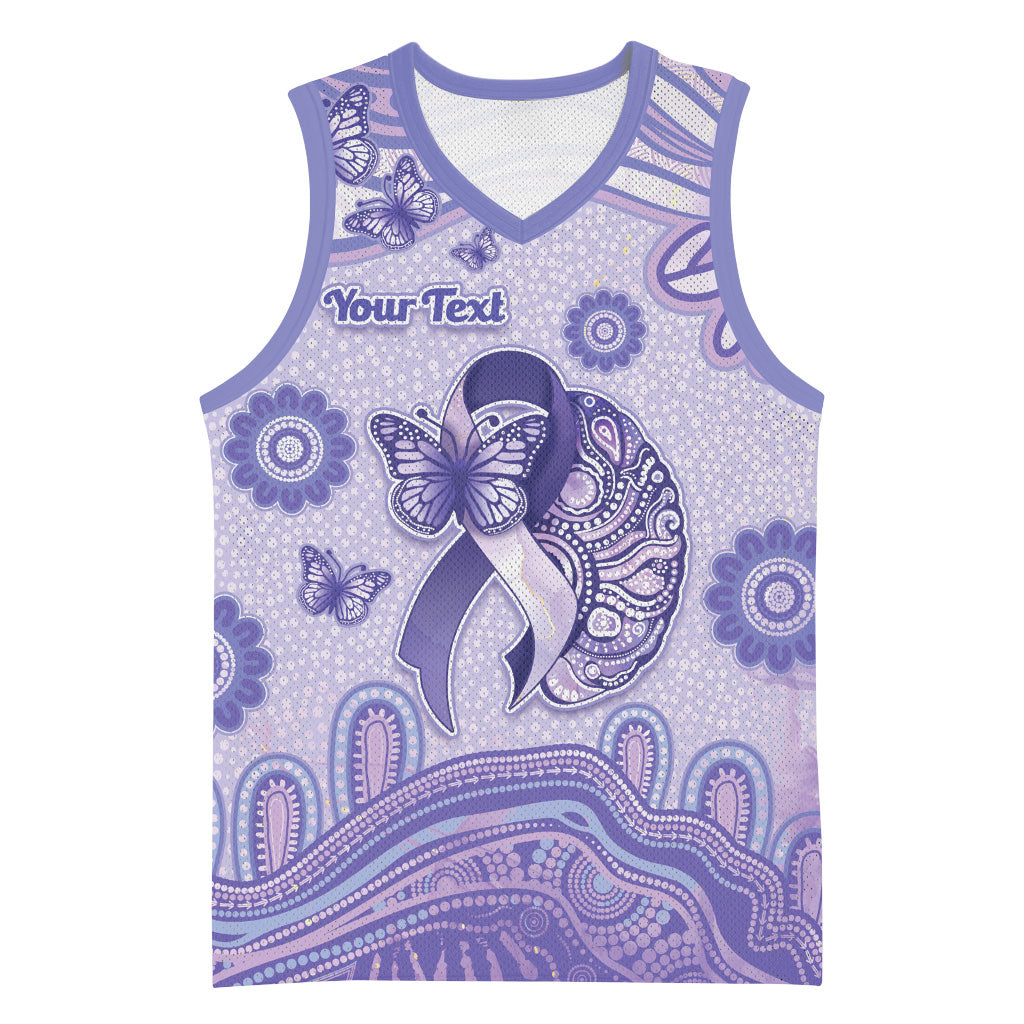 Personalised Epilepsy Support Basketball Jersey Purple Ribbon Butterfly And Brain Aboriginal Art