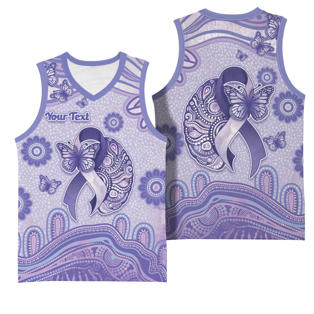 Personalised Epilepsy Support Basketball Jersey Purple Ribbon Butterfly And Brain Aboriginal Art