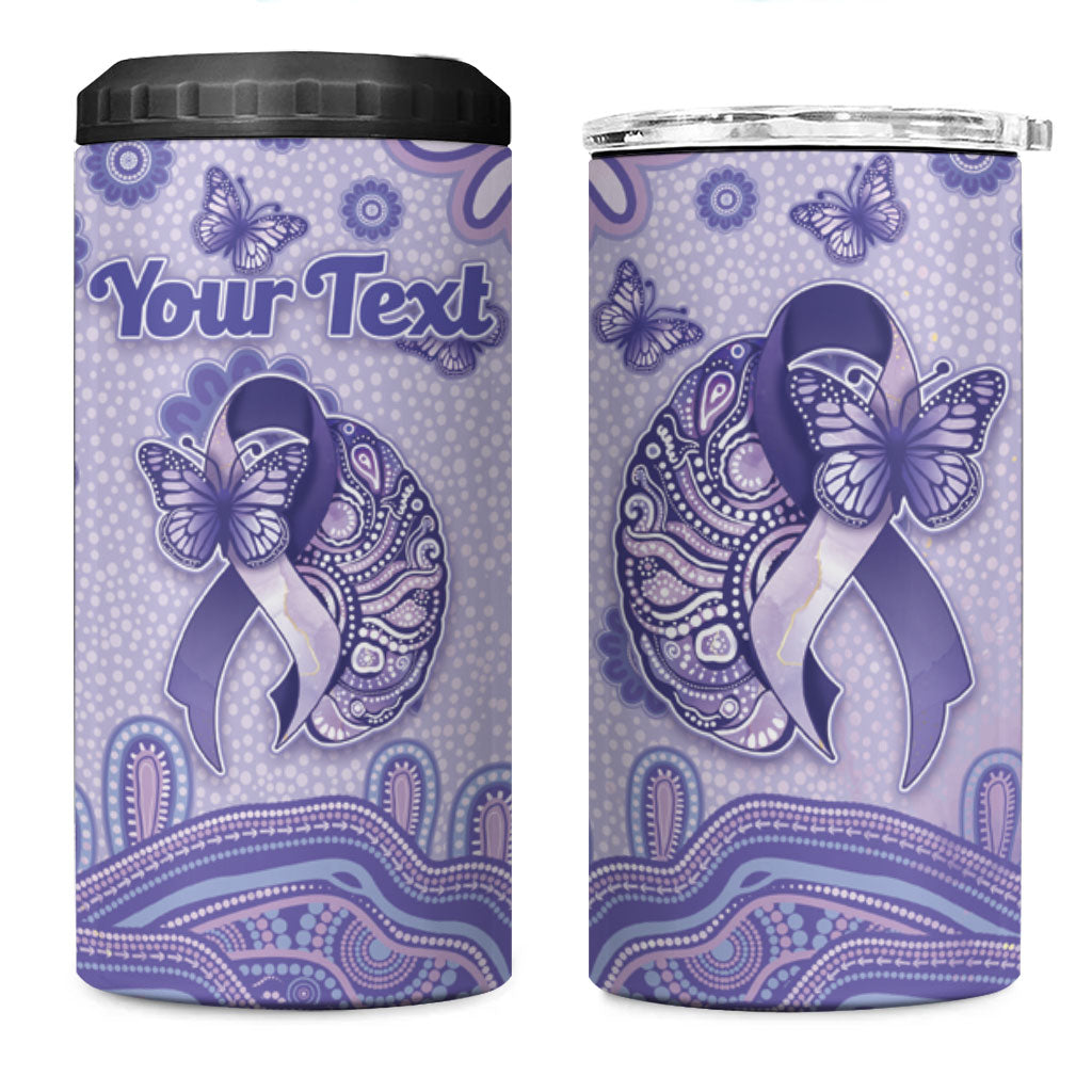 Personalised Epilepsy Support 4 in 1 Can Cooler Tumbler Purple Ribbon Butterfly And Brain Aboriginal Art