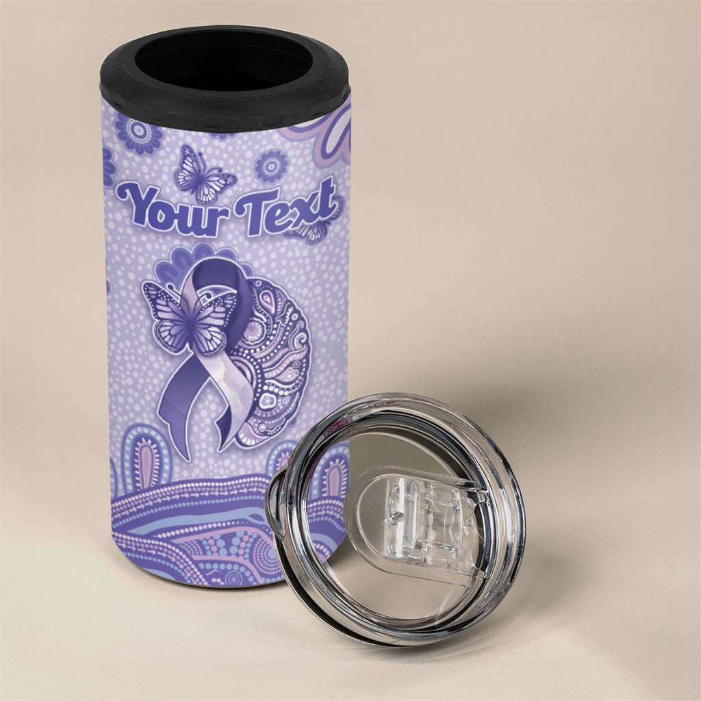 Personalised Epilepsy Support 4 in 1 Can Cooler Tumbler Purple Ribbon Butterfly And Brain Aboriginal Art