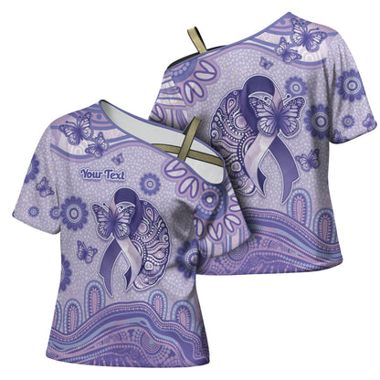 Personalised Epilepsy Support Cross Shoulder Shirt Purple Ribbon Butterfly And Brain Aboriginal Art