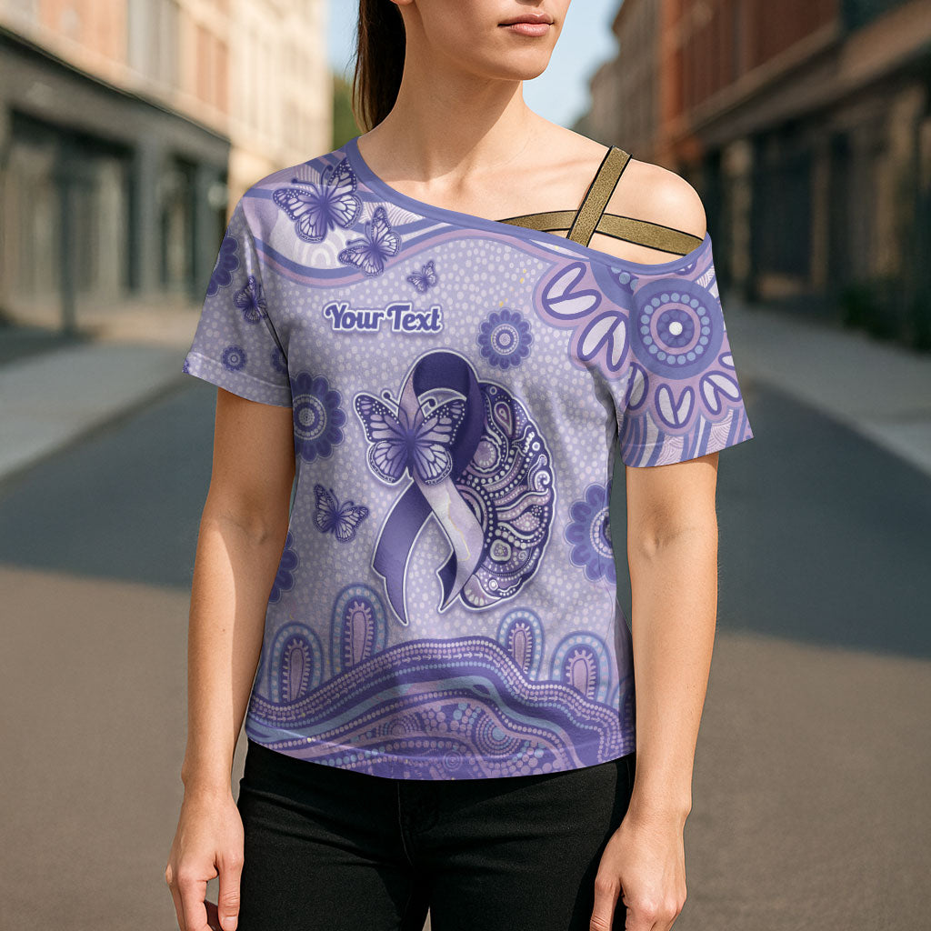 Personalised Epilepsy Support Cross Shoulder Shirt Purple Ribbon Butterfly And Brain Aboriginal Art