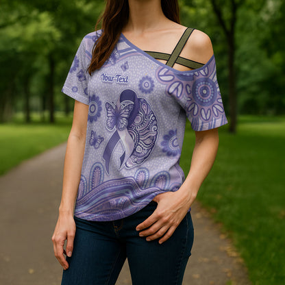 Personalised Epilepsy Support Cross Shoulder Shirt Purple Ribbon Butterfly And Brain Aboriginal Art