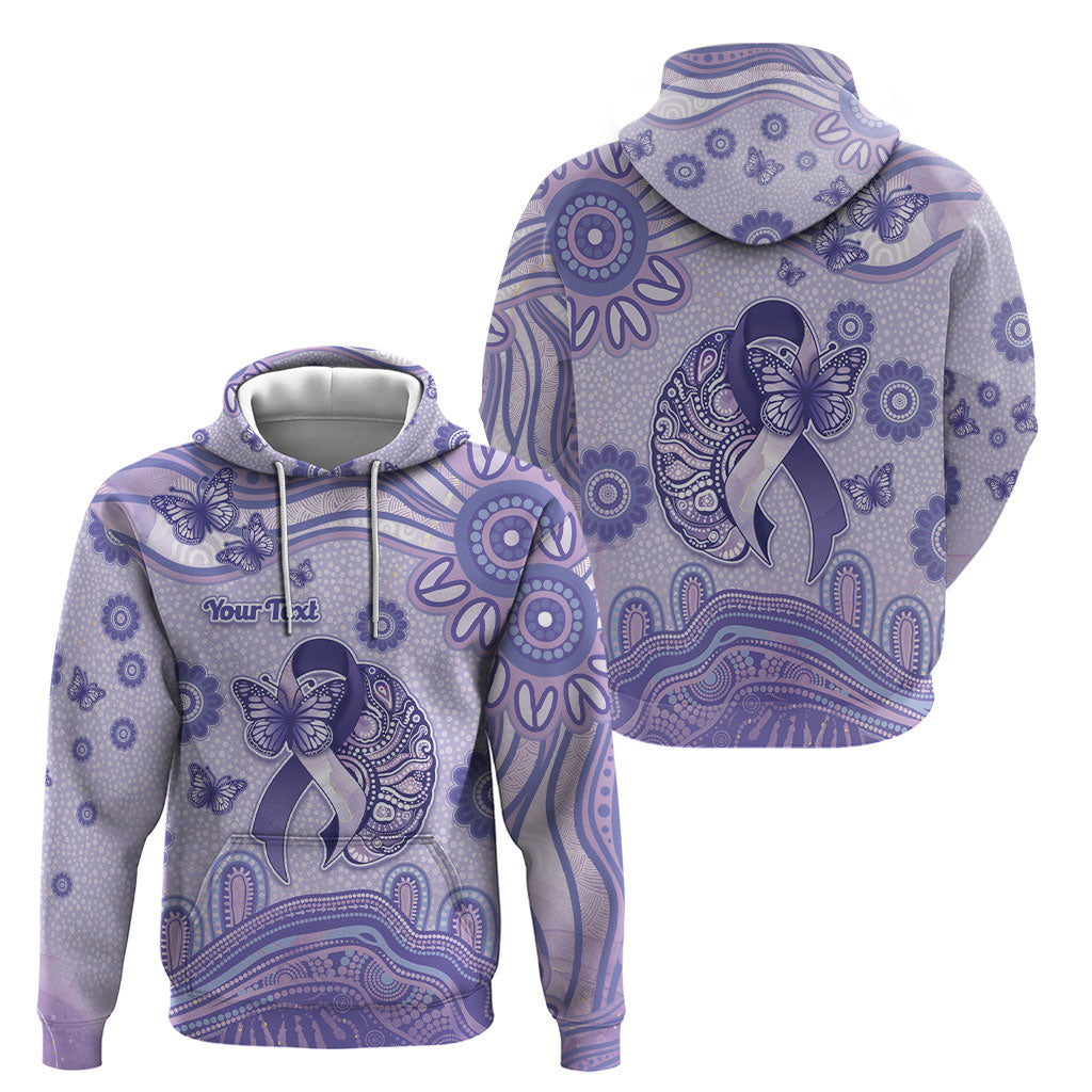 Personalised Epilepsy Support Hoodie Purple Ribbon Butterfly And Brain Aboriginal Art