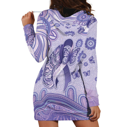 Personalised Epilepsy Support Hoodie Dress Purple Ribbon Butterfly And Brain Aboriginal Art