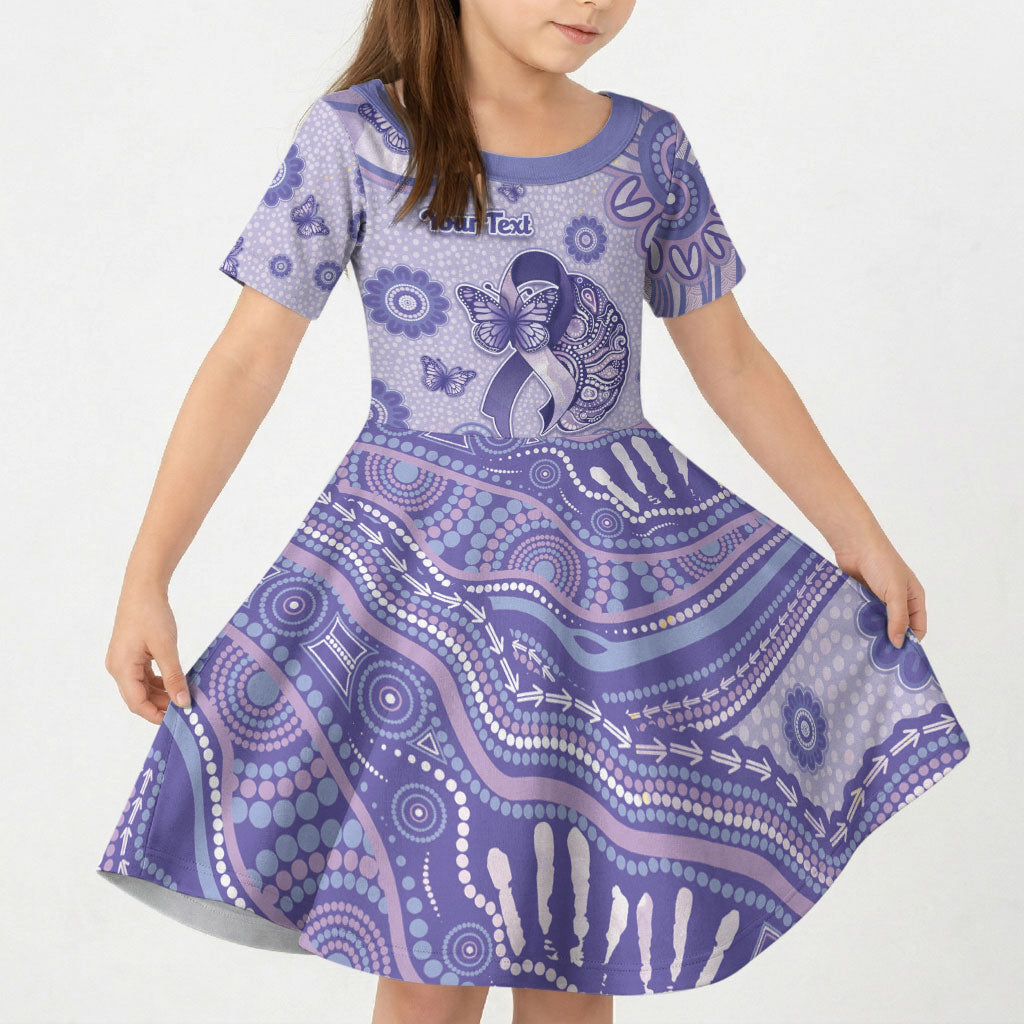 Personalised Epilepsy Support Kid Short Sleeve Dress Purple Ribbon Butterfly And Brain Aboriginal Art