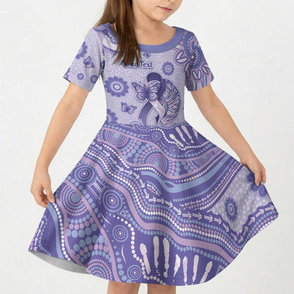 Personalised Epilepsy Support Kid Short Sleeve Dress Purple Ribbon Butterfly And Brain Aboriginal Art