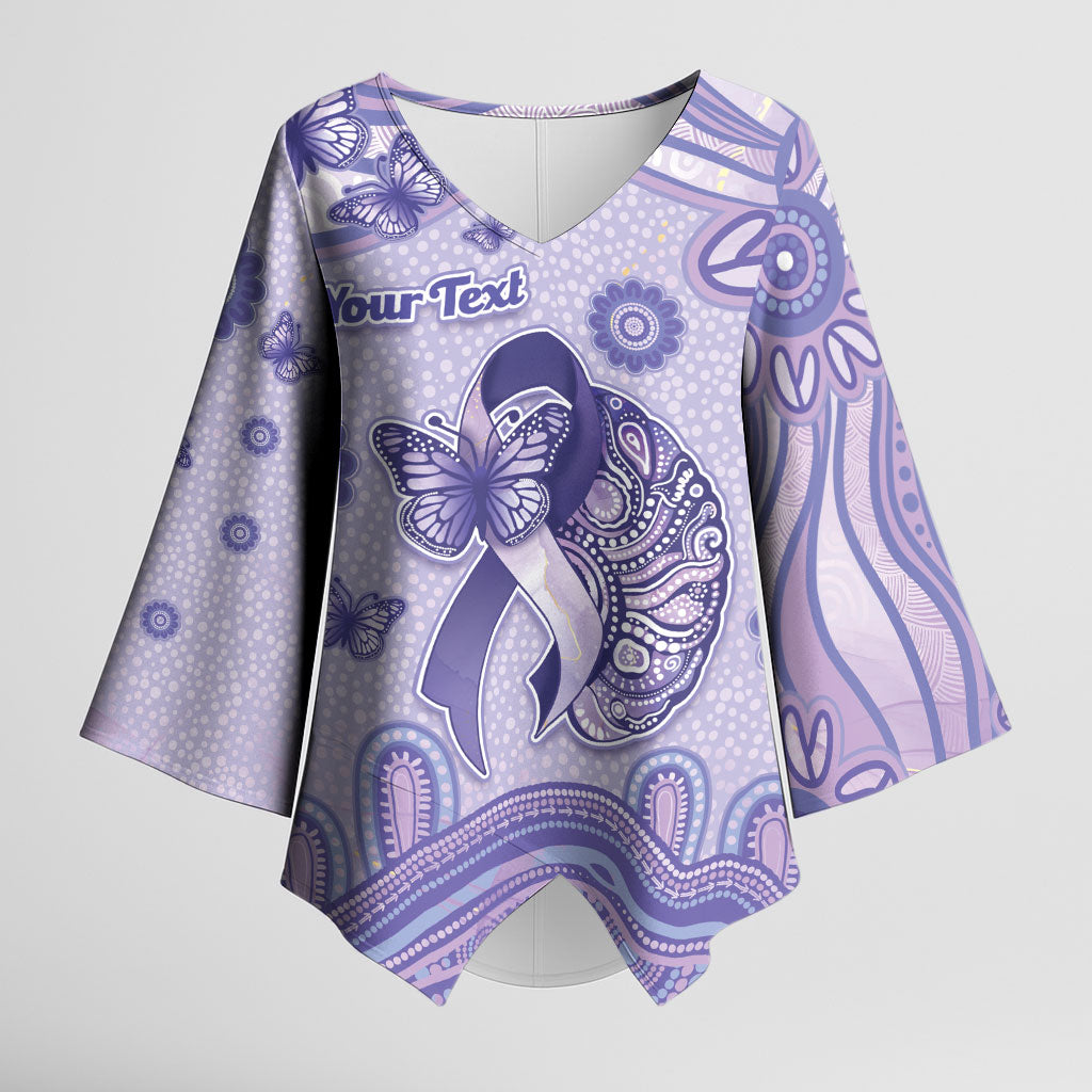 Personalised Epilepsy Support Kimono Sleeve Blouse Purple Ribbon Butterfly And Brain Aboriginal Art