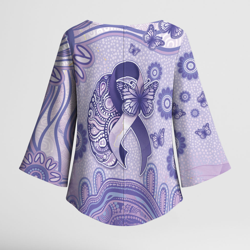 Personalised Epilepsy Support Kimono Sleeve Blouse Purple Ribbon Butterfly And Brain Aboriginal Art