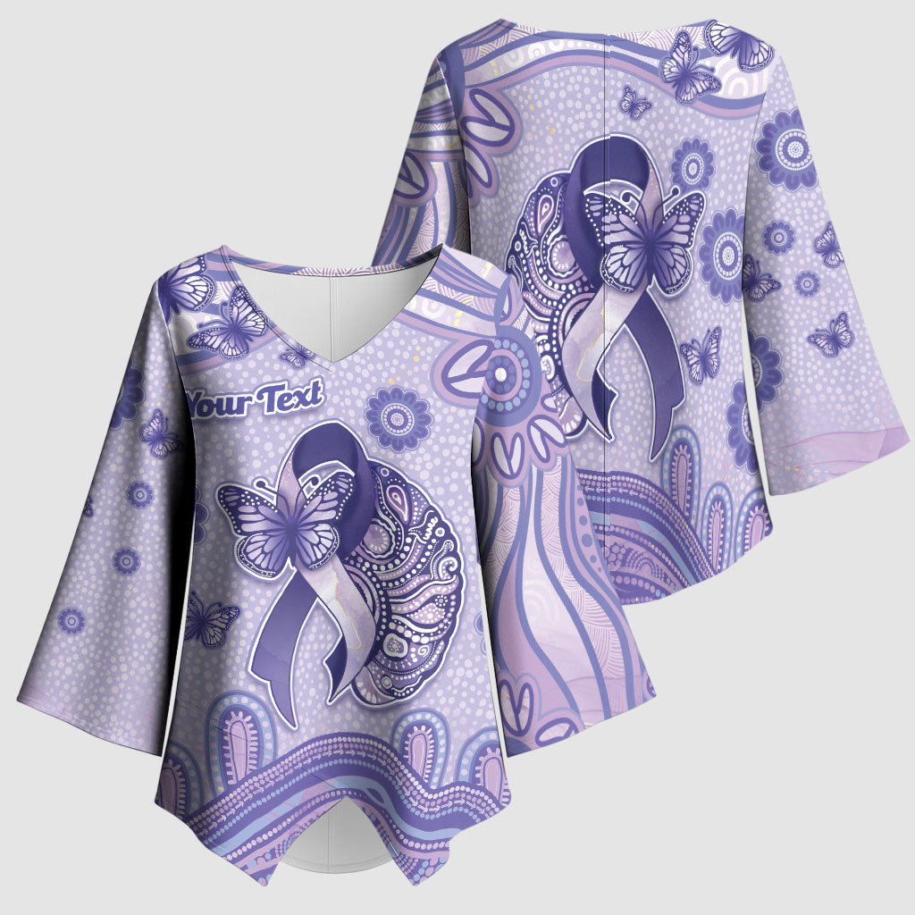 Personalised Epilepsy Support Kimono Sleeve Blouse Purple Ribbon Butterfly And Brain Aboriginal Art