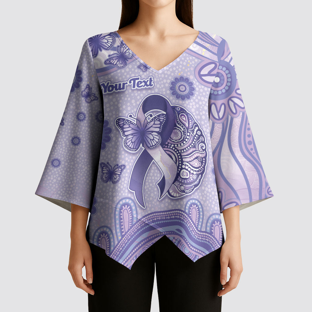 Personalised Epilepsy Support Kimono Sleeve Blouse Purple Ribbon Butterfly And Brain Aboriginal Art