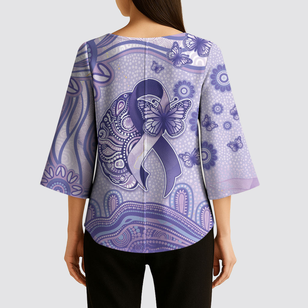 Personalised Epilepsy Support Kimono Sleeve Blouse Purple Ribbon Butterfly And Brain Aboriginal Art