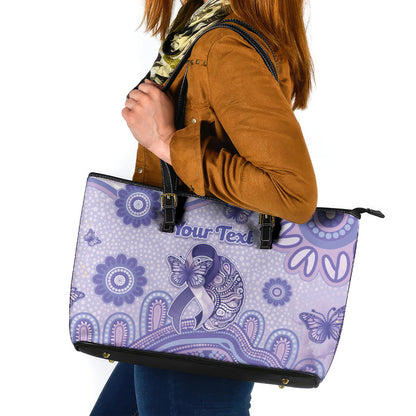 Personalised Epilepsy Support Leather Tote Bag Purple Ribbon Butterfly And Brain Aboriginal Art