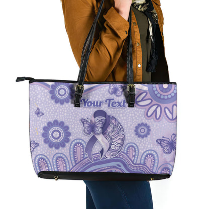 Personalised Epilepsy Support Leather Tote Bag Purple Ribbon Butterfly And Brain Aboriginal Art