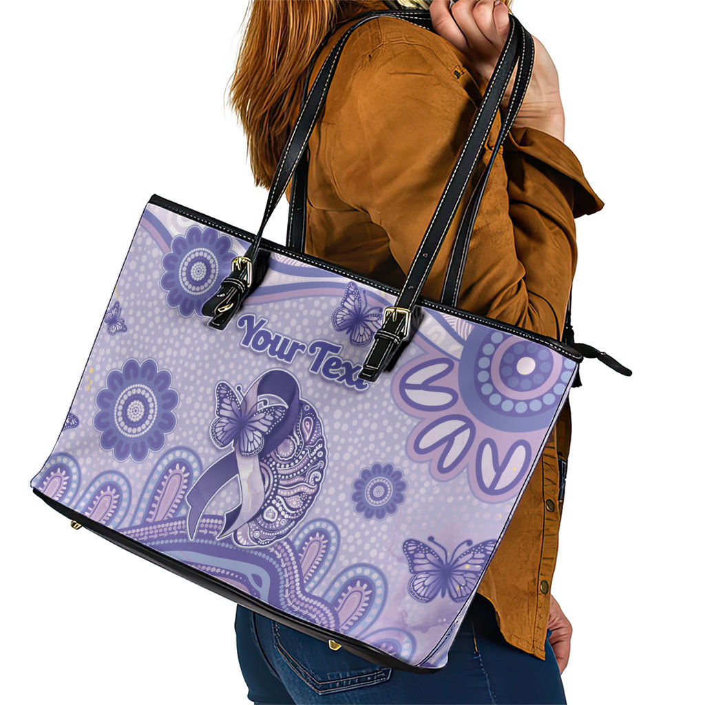 Personalised Epilepsy Support Leather Tote Bag Purple Ribbon Butterfly And Brain Aboriginal Art