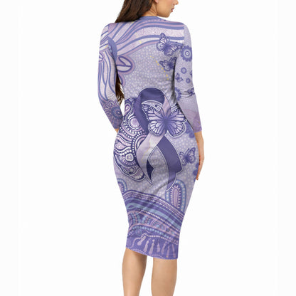 Personalised Epilepsy Support Long Sleeve Bodycon Dress Purple Ribbon Butterfly And Brain Aboriginal Art