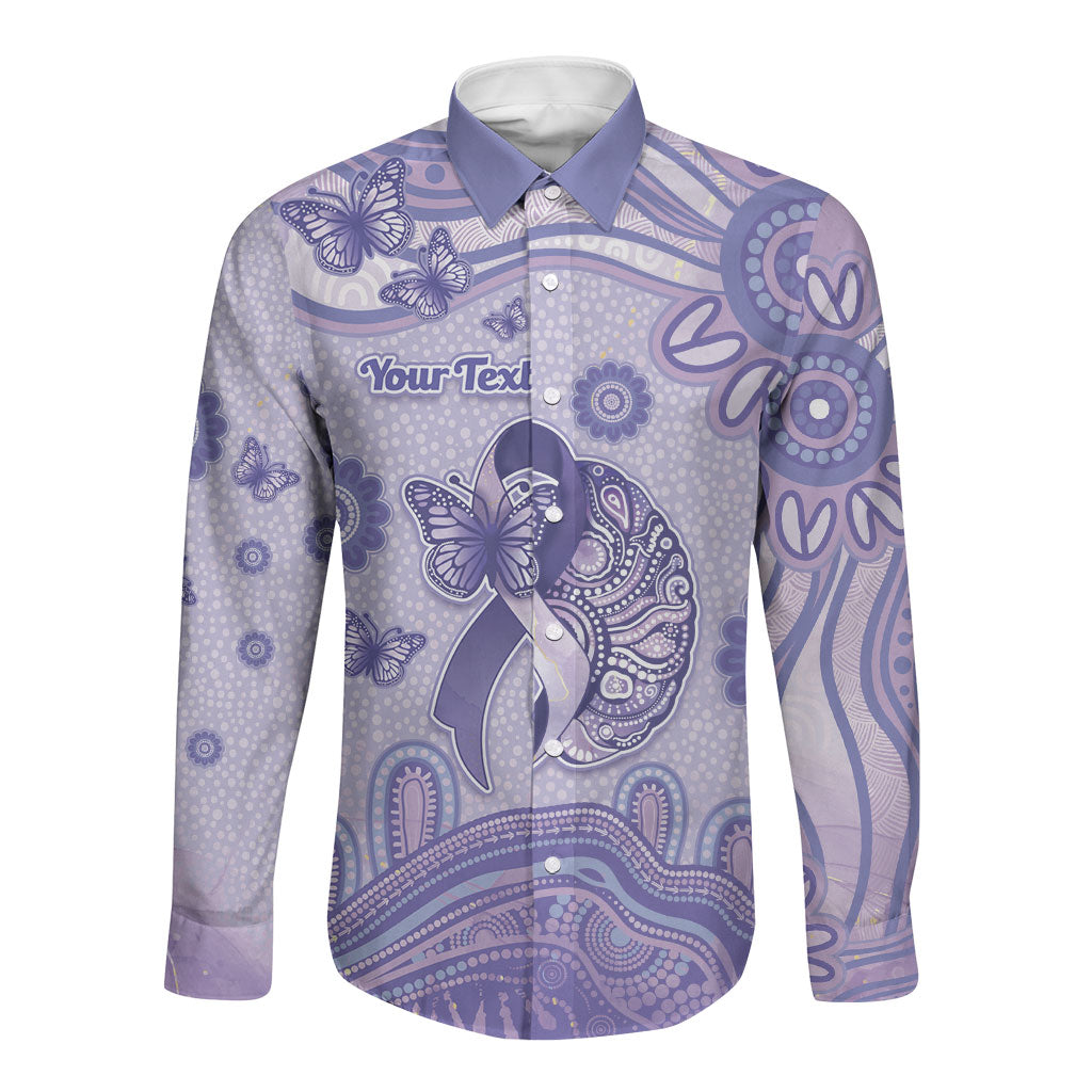 Personalised Epilepsy Support Long Sleeve Button Shirt Purple Ribbon Butterfly And Brain Aboriginal Art