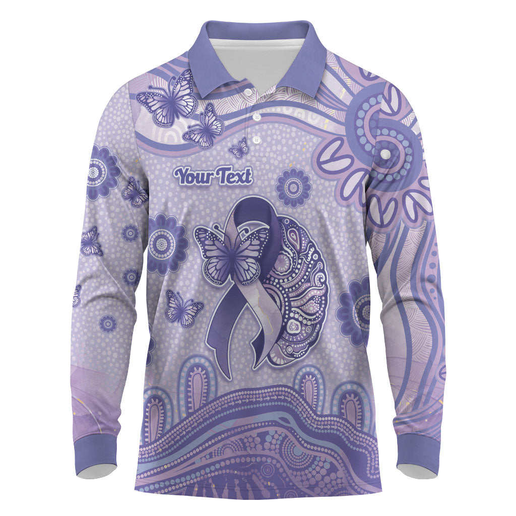 Personalised Epilepsy Support Long Sleeve Polo Shirt Purple Ribbon Butterfly And Brain Aboriginal Art