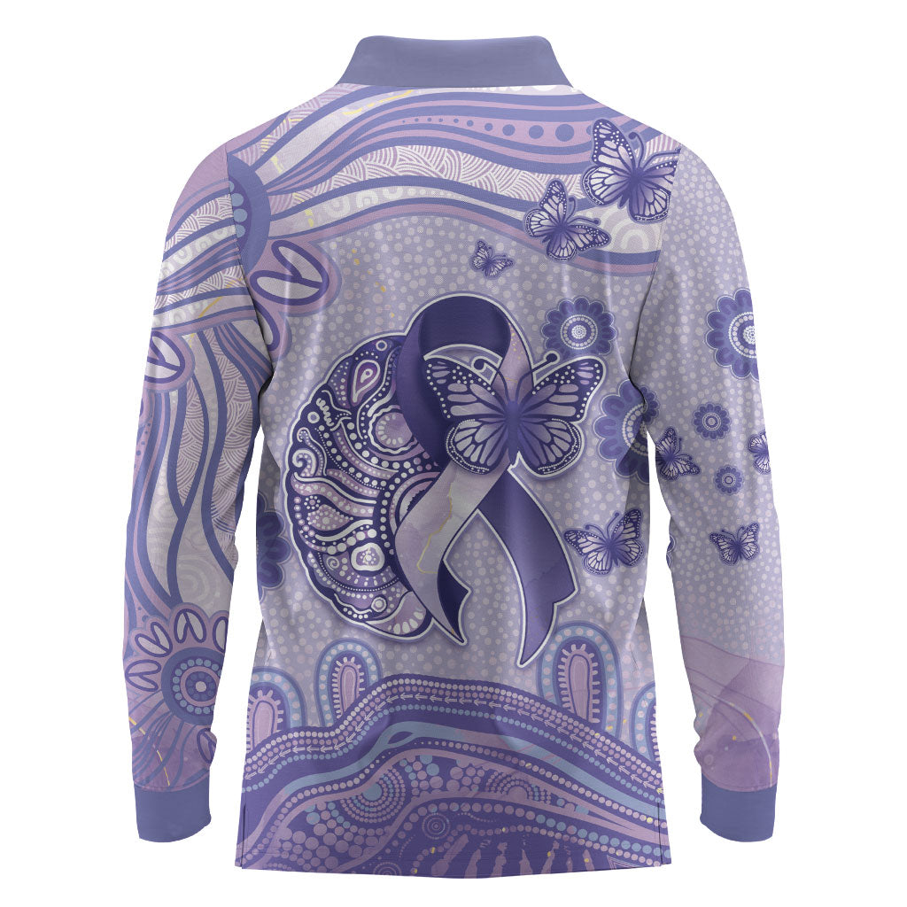 Personalised Epilepsy Support Long Sleeve Polo Shirt Purple Ribbon Butterfly And Brain Aboriginal Art