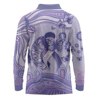 Personalised Epilepsy Support Long Sleeve Polo Shirt Purple Ribbon Butterfly And Brain Aboriginal Art