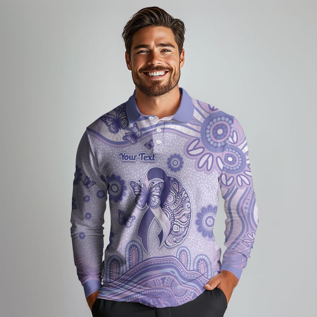 Personalised Epilepsy Support Long Sleeve Polo Shirt Purple Ribbon Butterfly And Brain Aboriginal Art