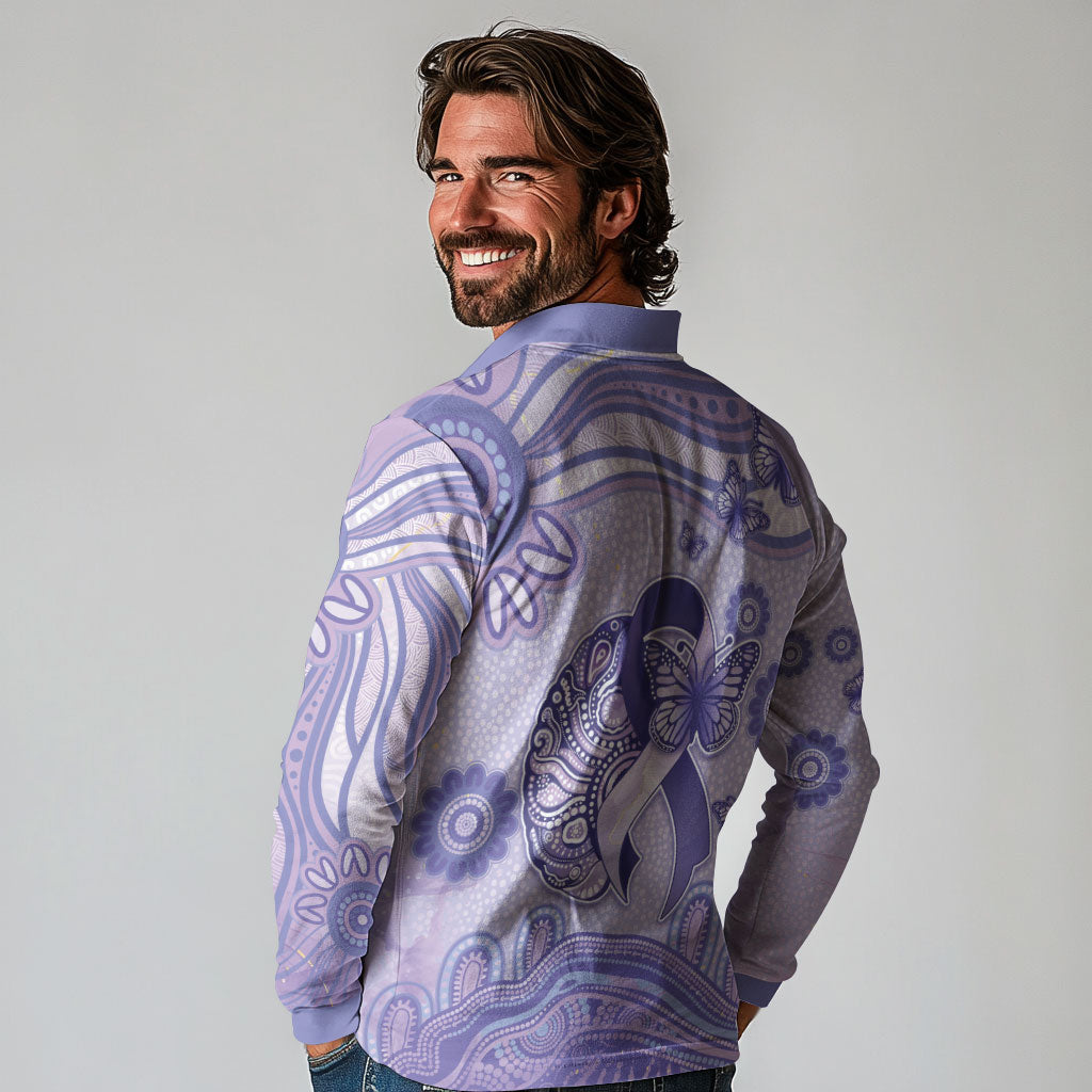 Personalised Epilepsy Support Long Sleeve Polo Shirt Purple Ribbon Butterfly And Brain Aboriginal Art