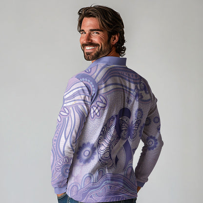 Personalised Epilepsy Support Long Sleeve Polo Shirt Purple Ribbon Butterfly And Brain Aboriginal Art