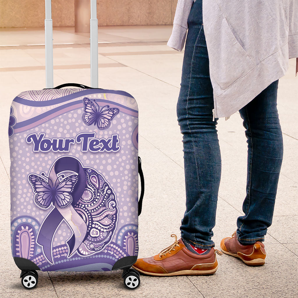 Personalised Epilepsy Support Luggage Cover Purple Ribbon Butterfly And Brain Aboriginal Art