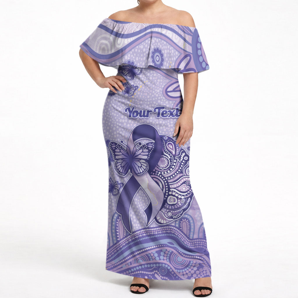 Personalised Epilepsy Support Off Shoulder Maxi Dress Purple Ribbon Butterfly And Brain Aboriginal Art