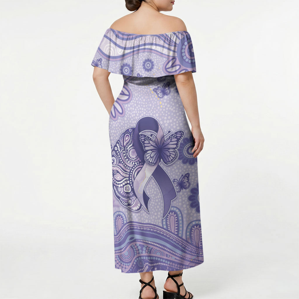 Personalised Epilepsy Support Off Shoulder Maxi Dress Purple Ribbon Butterfly And Brain Aboriginal Art