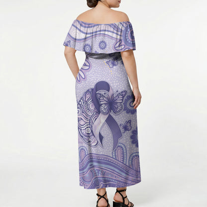 Personalised Epilepsy Support Off Shoulder Maxi Dress Purple Ribbon Butterfly And Brain Aboriginal Art