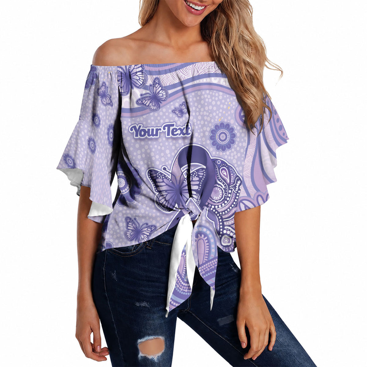 Personalised Epilepsy Support Off Shoulder Wrap Waist Top Purple Ribbon Butterfly And Brain Aboriginal Art